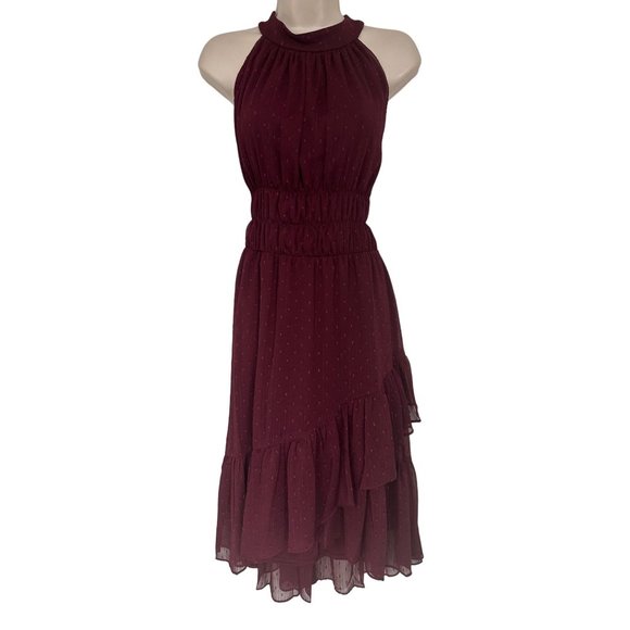 Size 14 NEW BURGUNDY HALTER NECK CLIP DOT TIERED DRESS Wedding Special Event NWT - Picture 2 of 6